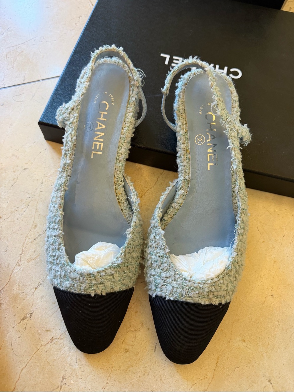 CHANEL Tweed Slingback Flats in Light Green and Black Cap Toe